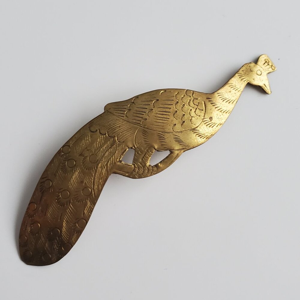 Vintage Brass Etched Peacock Brooch Lightweight MCM 70s